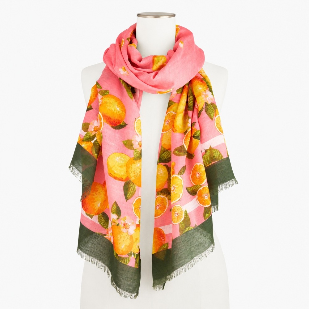 NWT Talbots Linen Blend Citrus Print Scarf Oranges Lemons Pink